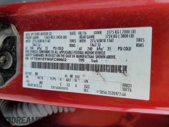 2016 Ford F-150 XLT with VIN 1FTEW1EF9GFC99602, listed as a Copart auction lot 62052234 with 147,064 mi miles and Salvage title. Bid and sale history available at DreamBid. Image 12.