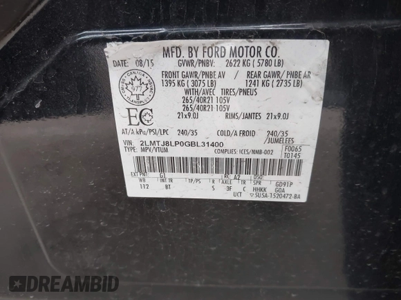 2016 Lincoln MKX Reserve with VIN 2LMTJ8LP0GBL31400, listed as a IAAI auction lot 42073406 with 136,551 mi miles. Bid and sale history available at carsss.com. Image 9.