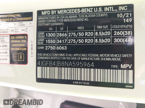 2022 Mercedes-Benz GLE 350 with VIN 4JGFB4JB8NA595964, listed as a IAAI auction lot 41738404 with 35,688 mi miles and . Bid and sale history available at DreamBid. Image 9.