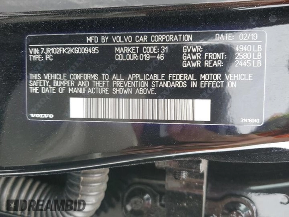 2019 Volvo S60 Momentum with VIN 7JR102FK2KG009495, listed as a Copart auction lot 50969904 with 41,213 mi miles. Bid and sale history available at carsss.com. Image 12.