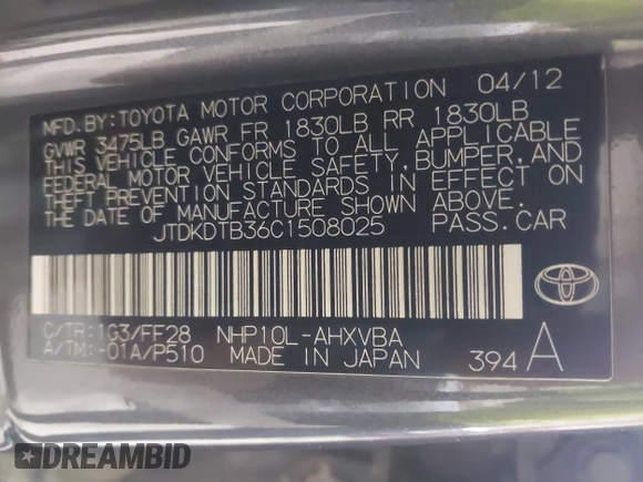 2012 Toyota Prius One z VIN JTDKDTB36C1508025, wystawiony jako IAAI lot #41983947 z przebiegiem 180 357 mil mil oraz . Historia ofert i sprzedaży dostępna na DreamBid. Obrazek 9.