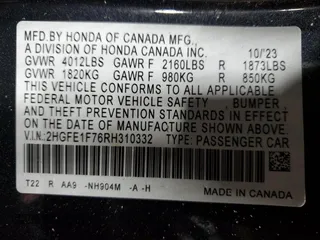 2024 Honda Civic Sedan EX with VIN 2HGFE1F76RH310332, listed as a Copart auction lot 88533665 with 37,613 mi miles and Salvage Title. Bid and sale history available at carsss.com. Image 12.