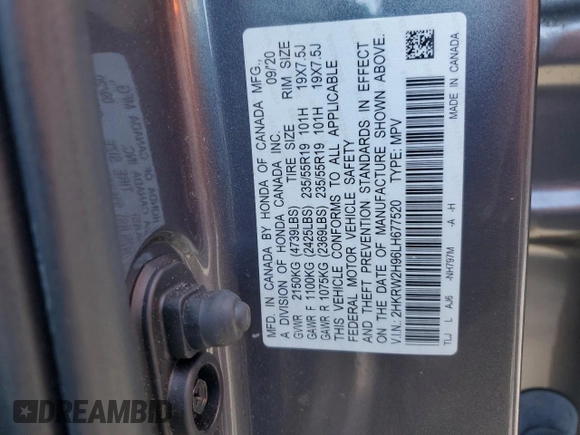 2020 Honda CR-V Touring with VIN 2HKRW2H96LH677520, listed as a Copart auction lot 52264155 with 33,909 mi miles and Salvage Title. Bid and sale history available at DreamBid. Image 16.