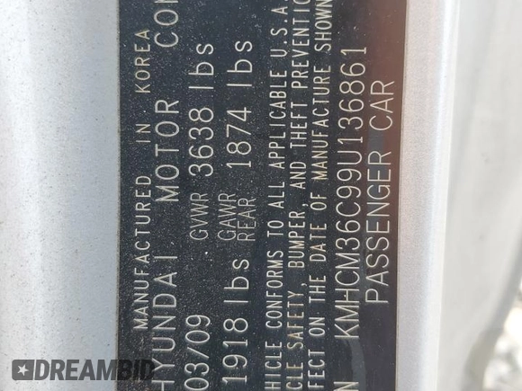 2009 Hyundai Accent Auto GS with VIN KMHCM36C99U136861, listed as a Copart auction lot 59766955 with 157,574 mi miles and Salvage title. Bid and sale history available at DreamBid. Image 12.