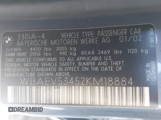 2002 BMW 3 Series 330i with VIN WBAEV53452KM18884, listed as a IAAI auction lot 41573073 with 217,259 mi miles and . Bid and sale history available at DreamBid. Image 9.