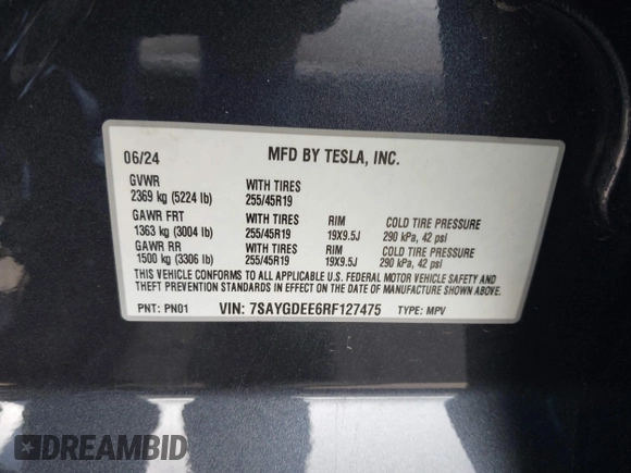2024 Tesla Model Y Long Range with VIN 7SAYGDEE6RF127475, listed as a IAAI auction lot 41919580 with 19,395 mi miles. Bid and sale history available at carsss.com. Image 9.