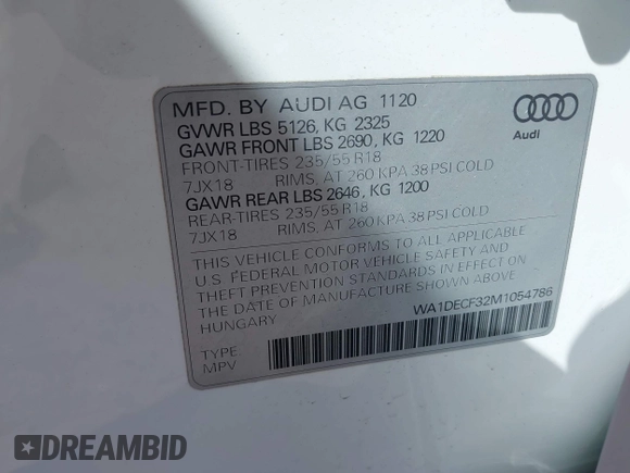 2021 Audi Q3 S line Premium with VIN WA1DECF32M1054786, listed as a IAAI auction lot 42065278 with 47,615 mi miles and . Bid and sale history available at DreamBid. Image 9.