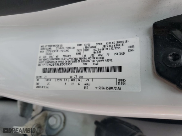 2020 Ford Super Duty F-250 SRW XL with VIN 1FT7W2BT5LED35536, listed as a Copart auction lot 51801795 with 90,389 mi miles and Salvage Title. Bid and sale history available at carsss.com. Image 13.