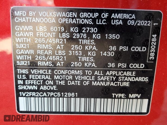 2023 Volkswagen Atlas SEL Premium R-Line with VIN 1V2FR2CA7PC512961, listed as a Copart auction lot 76482044 with 50,879 mi miles and Non repairable. Bid and sale history available at DreamBid. Image 13.