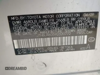 2009 Lexus ES 330 с VIN JTHBJ46G592320772, выставлен на аукционе IAAI как лот 42478383 с пробегом 212 808 миль миль и . История ставок и продаж доступна на DreamBid. Изображение 9.