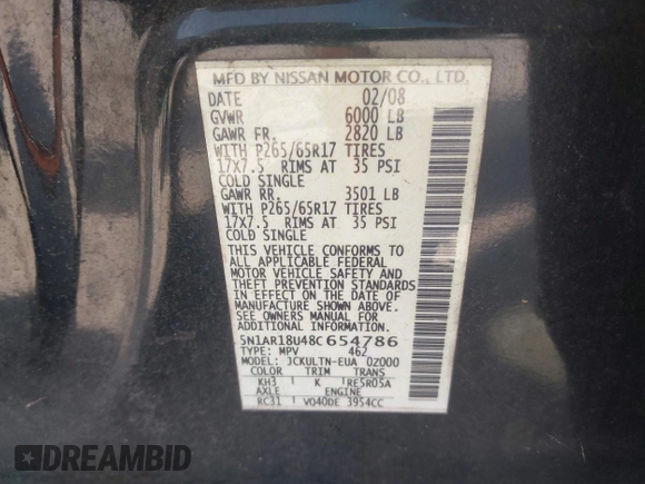 2008 Nissan Pathfinder LE with VIN 5N1AR18U48C654786, listed as a IAAI auction lot 42594509 with 181,691 mi miles and . Bid and sale history available at DreamBid. Image 9.