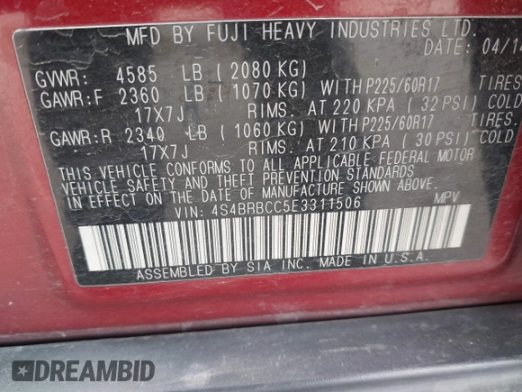 2014 Subaru Outback Premium with VIN 4S4BRBCC5E3311506, listed as a IAAI auction lot 42136632 with 178,407 mi miles and . Bid and sale history available at DreamBid. Image 9.