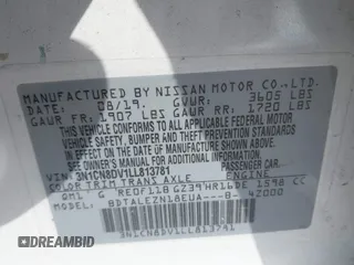 2020 Nissan Versa S with VIN 3N1CN8DV1LL813781, listed as a IAAI auction lot 41242523 with 92,021 mi miles. Bid and sale history available at carsss.com. Image 9.