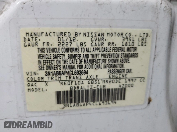 2012 Nissan Sentra SR with VIN 3N1AB6AP4CL693694, listed as a Copart auction lot 53742505 with 156,093 mi miles and Non Repairable. Bid and sale history available at DreamBid. Image 12.