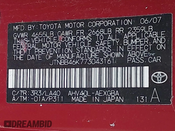 2007 Toyota Camry with VIN JTNBB46K773043161, listed as a IAAI auction lot 42507776 with 47,343 mi miles and . Bid and sale history available at DreamBid. Image 9.