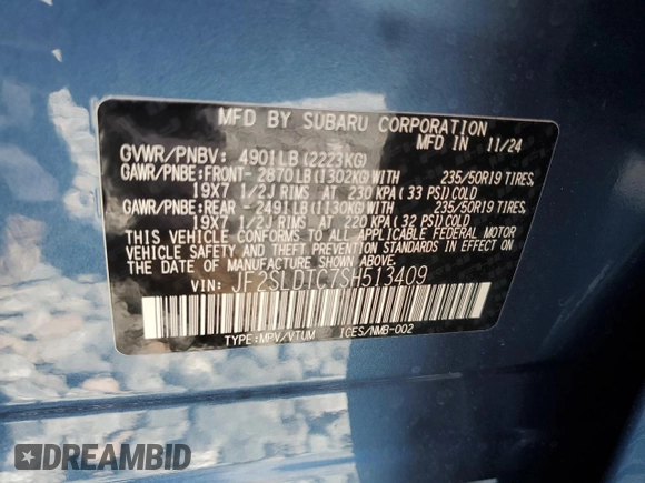 2025 Subaru Forester Touring с VIN JF2SLDTC7SH513409, выставлен на аукционе Copart как лот 54044175 с пробегом 1 354 миль миль и Списание • Salvage title. История ставок и продаж доступна на DreamBid. Изображение 14.