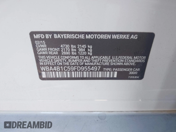 2015 BMW 4 Series 435i with VIN WBA4B1C59FD955497, listed as a IAAI auction lot 41174096 with 101,047 mi miles and . Bid and sale history available at carsss.com. Image 9.