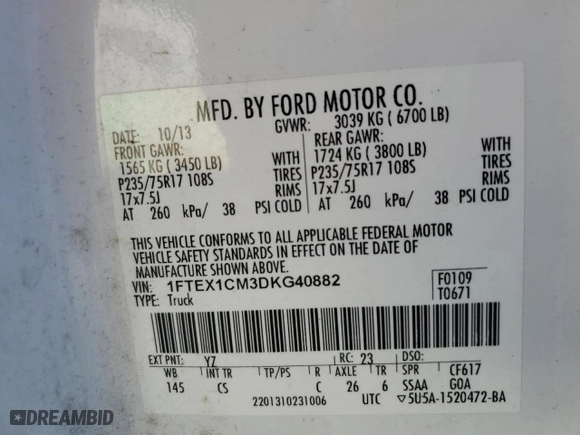 2013 Ford F-150 XL with VIN 1FTEX1CM3DKG40882, listed as a Copart auction lot 49652155 with 237,653 mi miles and Clean Title. Bid and sale history available at carsss.com. Image 13.