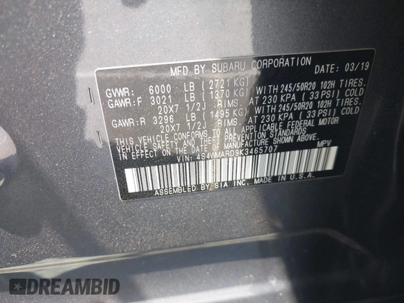 2019 Subaru Ascent Touring with VIN 4S4WMARD9K3465707, listed as a IAAI auction lot 42074674 with 84,275 mi miles and . Bid and sale history available at DreamBid. Image 9.