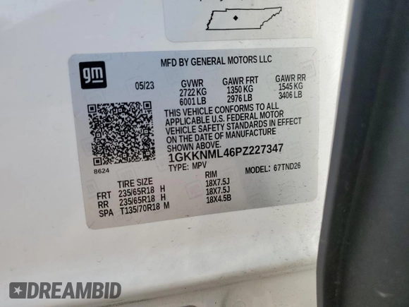 2023 GMC Acadia SLT with VIN 1GKKNML46PZ227347, listed as a Copart auction lot 57646325 with 36,813 mi miles and Salvage title. Bid and sale history available at DreamBid. Image 13.
