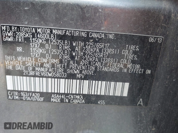 2013 Toyota RAV4 XLE with VIN 2T3RFREV6DW058033, listed as a IAAI auction lot 42387382 with 254,713 mi miles and . Bid and sale history available at DreamBid. Image 9.
