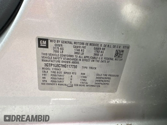 2017 GMC Sierra 1500 with VIN 3GTP1LEC7HG117730, listed as a Copart auction lot 54078005 with 82,161 mi miles and Clean Title. Bid and sale history available at DreamBid. Image 30.