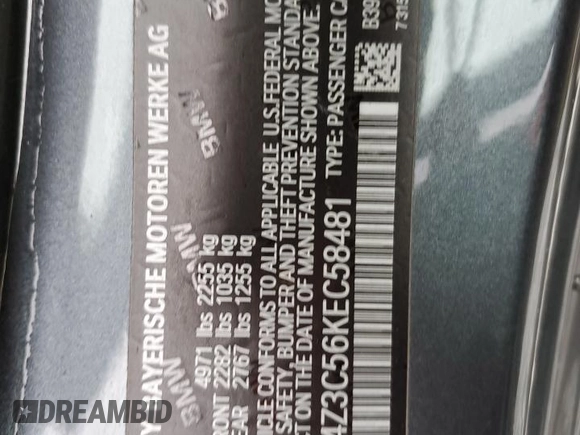 2019 BMW 4 Series 430i xDrive with VIN WBA4Z3C56KEC58481, listed as a Copart auction lot 55330405 with 57,617 mi miles and Salvage title. Bid and sale history available at DreamBid. Image 12.