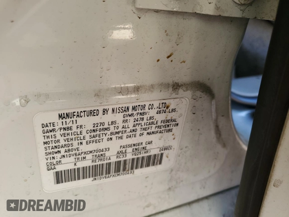 2012 Infiniti G25 Journey with VIN JN1DV6APXCM700433, listed as a Copart auction lot 85270994 with Not provided miles and Salvage title. Bid and sale history available at DreamBid. Image 12.