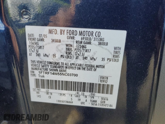 2005 Ford F-150 XL with VIN 1FTRF14W55NC03700, listed as a Copart auction lot 46025055 with 58,954 mi miles and Salvage Title. Bid and sale history available at carsss.com. Image 12.