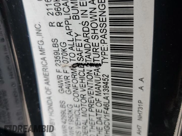 2020 Honda Accord EX with VIN 1HGCV1F46LA139452, listed as a Copart auction lot 59582045 with 87,865 mi miles and Non repairable. Bid and sale history available at DreamBid. Image 13.