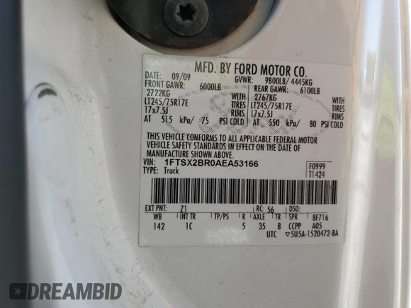 2010 Ford F-250 XL with VIN 1FTSX2BR0AEA53166, listed as a Copart auction lot 61913485 with Not provided miles and Salvage title. Bid and sale history available at DreamBid. Image 13.