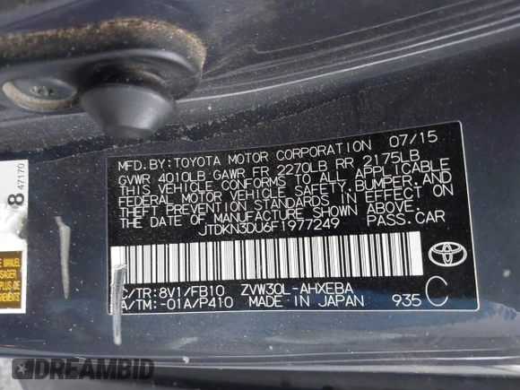 2015 Toyota Prius Four z VIN JTDKN3DU6F1977249, wystawiony jako IAAI lot #42490112 z przebiegiem 173 479 mil mil oraz . Historia ofert i sprzedaży dostępna na DreamBid. Obrazek 9.