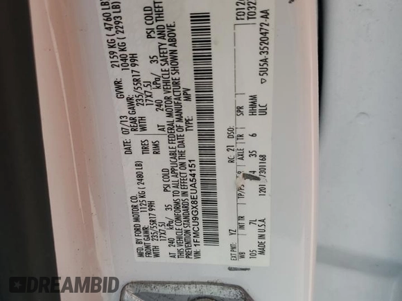 2014 Ford Escape SE with VIN 1FMCU9GX8EUA54151, listed as a Copart auction lot 51424195 with 173,161 mi miles and Salvage title. Bid and sale history available at DreamBid. Image 14.