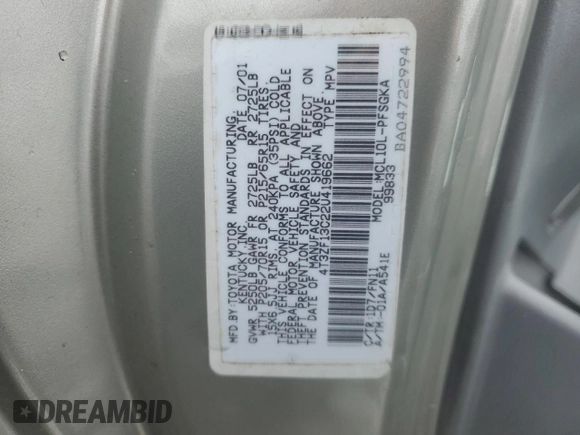2002 Toyota Sienna LE with VIN 4T3ZF13C22U419662, listed as a Copart auction lot 44491265 with 187,169 mi miles and Salvage Title. Bid and sale history available at DreamBid. Image 13.