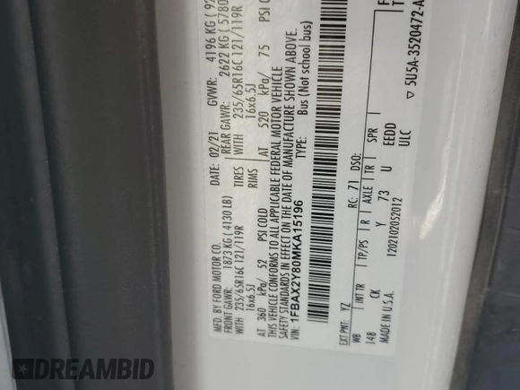 2021 Ford Transit Passenger XL с VIN 1FBAX2Y80MKA15196, выставлен на аукционе Copart как лот 84679254 с пробегом 67 648 миль миль и На запчасти • Non repairable. История ставок и продаж доступна на DreamBid. Изображение 14.