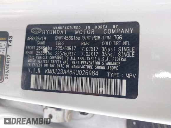 2019 Hyundai Tucson SE with VIN KM8J23A48KU026984, listed as a IAAI auction lot 41767118 with 72,647 mi miles. Bid and sale history available at carsss.com. Image 9.