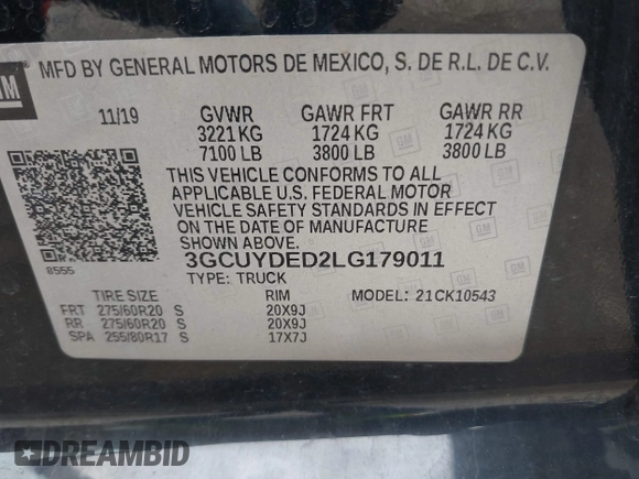 2020 Chevrolet Silverado 1500 LT with VIN 3GCUYDED2LG179011, listed as a IAAI auction lot 41962354 with 68,130 mi miles and . Bid and sale history available at DreamBid. Image 9.