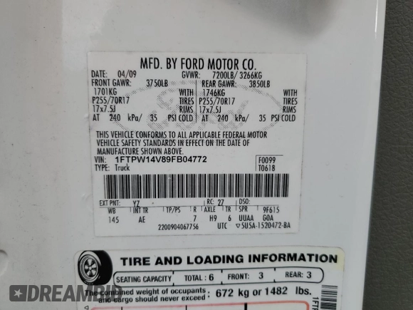 2009 Ford F-150 XL z VIN 1FTPW14V89FB04772, wystawiony jako Copart lot #48988685 z przebiegiem 259 521 mil mil oraz Szkoda całkowita • Salvage title. Historia ofert i sprzedaży dostępna na DreamBid. Obrazek 14.