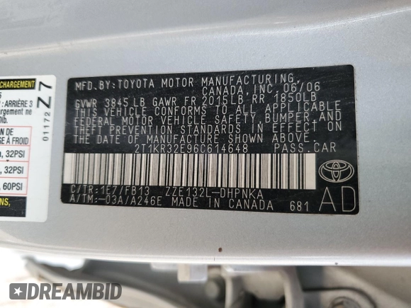 2006 Toyota Matrix STD with VIN 2T1KR32E96C614648, listed as a Copart auction lot 45016095 with 196,432 mi miles and Salvage title. Bid and sale history available at DreamBid. Image 12.