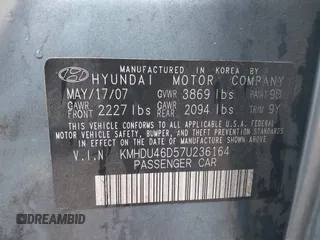 2007 Hyundai Elantra GLS z VIN KMHDU46D57U236164, wystawiony jako IAAI lot #42121243 z przebiegiem 224 490 mil mil oraz . Historia ofert i sprzedaży dostępna na DreamBid. Obrazek 9.