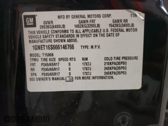 2006 Chevrolet TrailBlazer LS with VIN 1GNET16S666146766, listed as a Copart auction lot 46708035 with 138,111 mi miles and Salvage Title. Bid and sale history available at DreamBid. Image 13.