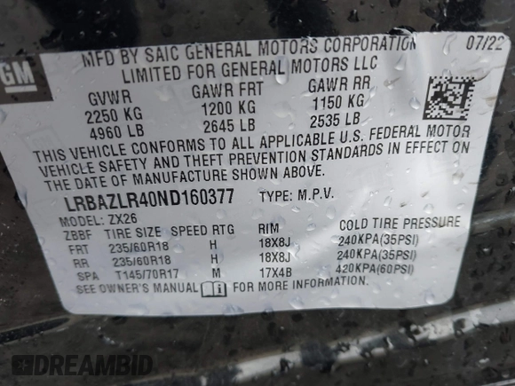 2022 Buick Envision Preferred with VIN LRBAZLR40ND160377, listed as a IAAI auction lot 41800820 with Not Provided miles. Bid and sale history available at carsss.com. Image 9.