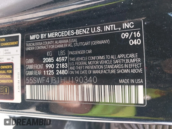 2017 Mercedes-Benz C 300 with VIN 55SWF4JB1HU190340, listed as a IAAI auction lot 41955855 with 158,810 mi miles and . Bid and sale history available at DreamBid. Image 9.