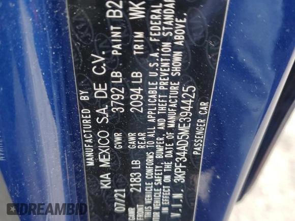 2021 Kia Forte GT-Line с VIN 3KPF34AD5ME394425, выставлен на аукционе Copart как лот 56688075 с пробегом 26 425 миль миль и Списание • Salvage title. История ставок и продаж доступна на DreamBid. Изображение 12.