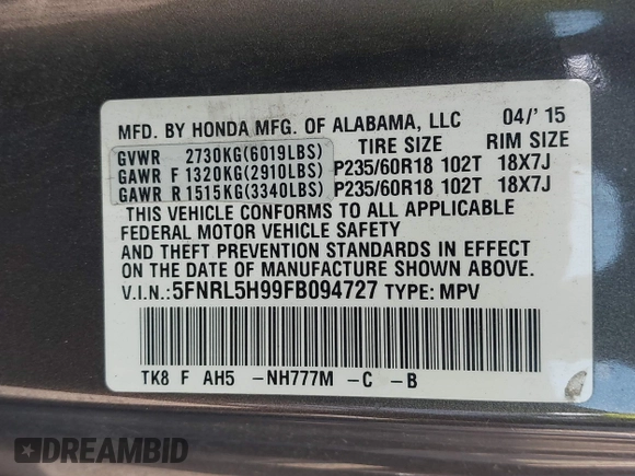 2015 Honda Odyssey Touring Elite with VIN 5FNRL5H99FB094727, listed as a IAAI auction lot 42001288 with 254,015 mi miles and . Bid and sale history available at DreamBid. Image 9.