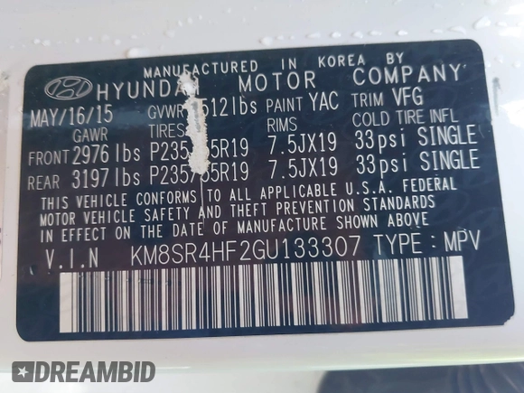 2016 Hyundai Santa Fe SE with VIN KM8SR4HF2GU133307, listed as a IAAI auction lot 41749584 with 120,391 mi miles. Bid and sale history available at carsss.com. Image 9.