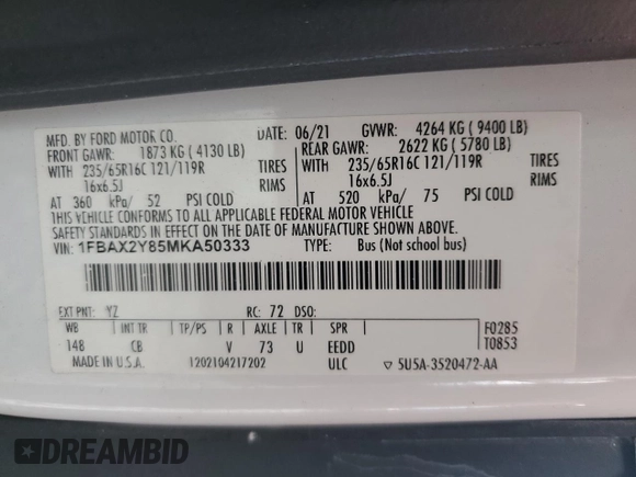 2021 Ford Transit Passenger XL с VIN 1FBAX2Y85MKA50333, выставлен на аукционе Copart как лот 59499755 с пробегом 90 142 миль миль и Чистый • Clean title. История ставок и продаж доступна на DreamBid. Изображение 14.