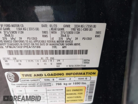 2023 Ford Expedition Max Limited with VIN 1FMJK1K81PEA15199, listed as a IAAI auction lot 42006310 with 95,392 mi miles and . Bid and sale history available at DreamBid. Image 9.