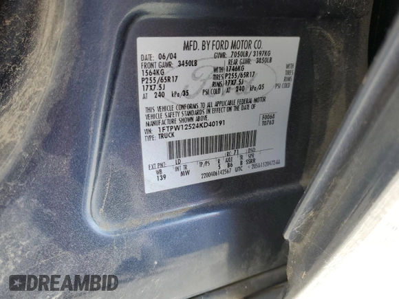 2004 Ford F-150 XLT с VIN 1FTPW12524KD40191, выставлен на аукционе Copart как лот 63280245 с пробегом Не указан миль и Списание • Salvage title. История ставок и продаж доступна на DreamBid. Изображение 12.
