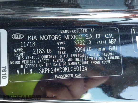 2019 Kia Forte LXS z VIN 3KPF24AD9KE060124, wystawiony jako IAAI lot #42594798 z przebiegiem 134 253 mil mil oraz . Historia ofert i sprzedaży dostępna na DreamBid. Obrazek 9.